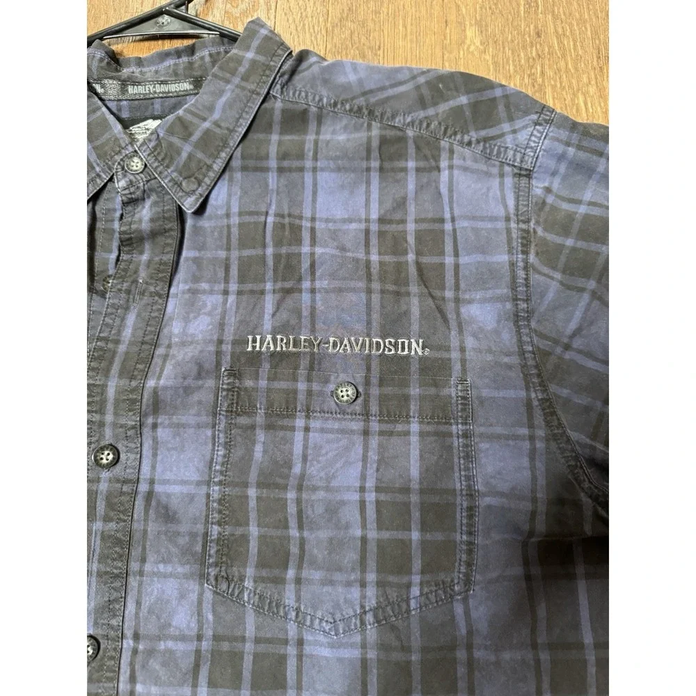 Harley Davidson Mens 2XL Blue Black Plaid Short Sleeve Button Up Shirt Biker - Picture 5 of 6